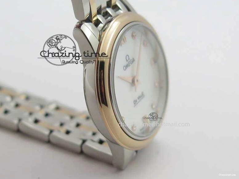 0426 De Ville 27mm SS RG Ladies MK 1:1 Best Edition White MOP Dial Diamond Markers On SS Bracelet Ronda Quartz Chic 8198
